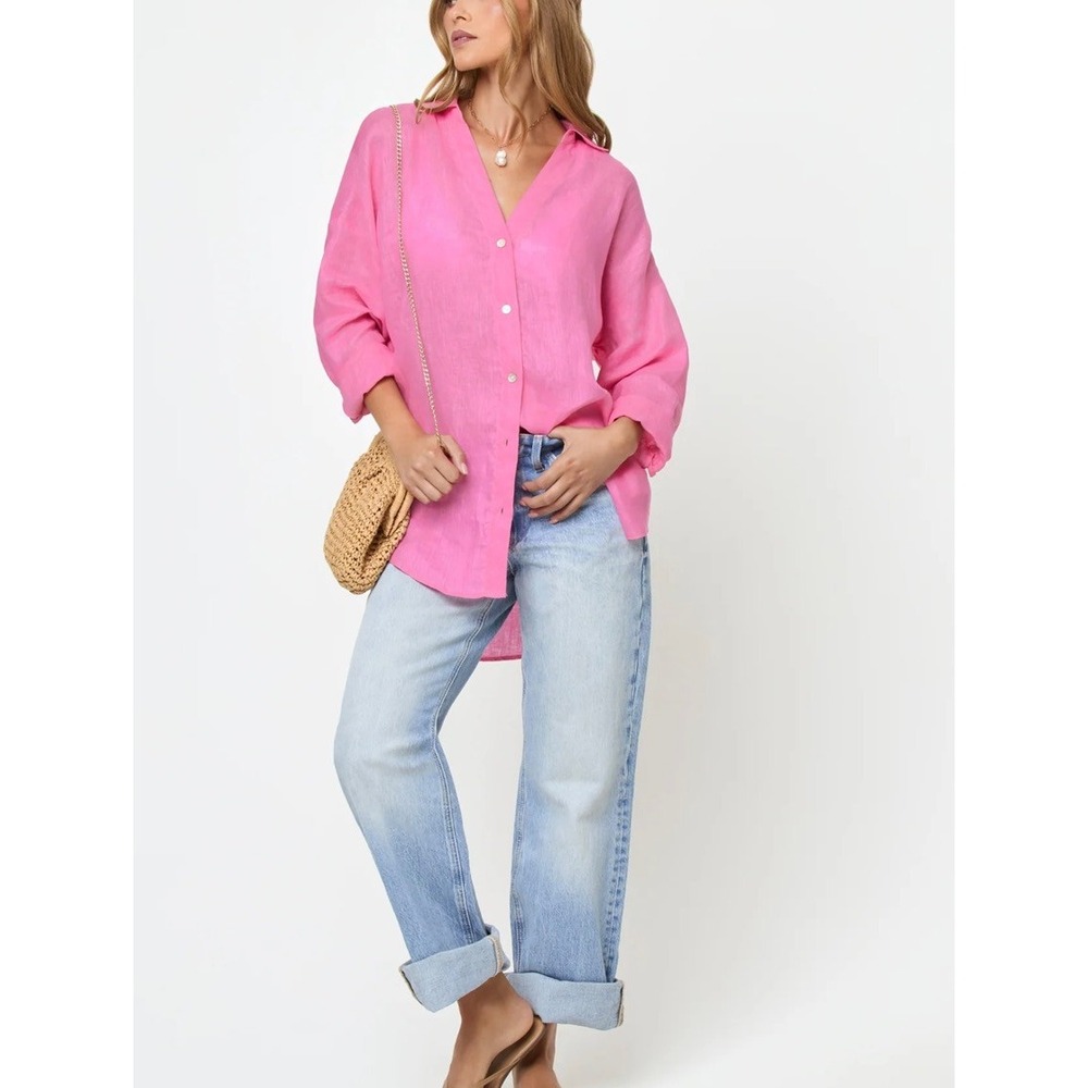 L Space Rio Tunic Hottest Pink 100% Linen Oversized Button Down Shirt M L